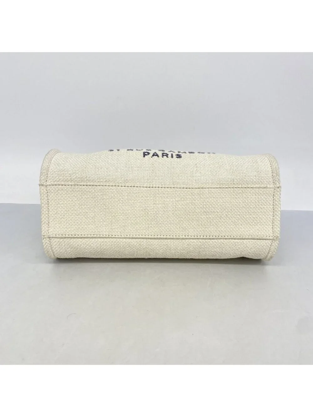 Chanel Chain Tote Deauville Straw Ivory Navy Silver